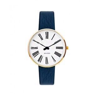 Arne Jacobsen Uhr - römisch - Ø34 mm - vergoldet & blaues Lederband